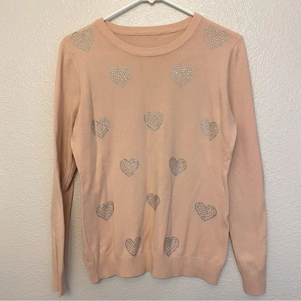 Vila Milano Long Sleeve Sweater pink Rhinestone Hearts wool nylon blend S/M
